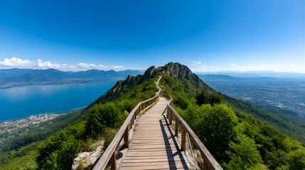 Scenic Wooden Boardwalk Pathway Leading to Majestic Mountain Overlooking Serene Lake and Vast Landscape Under Clear Blue Sky