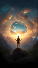 Majestic Visionary Contemplating Glowing Earth at Sunrise in Stunning Mountain Landscape with Mystic Sky and Inviting Embrace of Nature