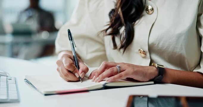 Hands, business and writing notes for idea, schedule or story planning with woman at work. Notebook, journalist and creative person in office with diary for news draft, list or agenda with info