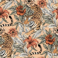 Vintage Tiger Floral Seamless Pattern image photo
