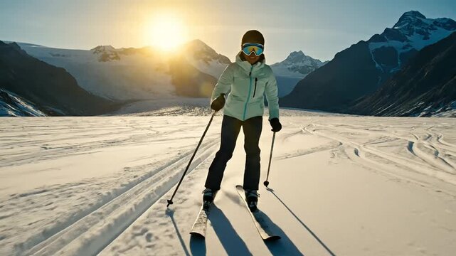 Female ski tourer stands with poles on a snowy winter alpine landscape at sunrise ready for an adventure.