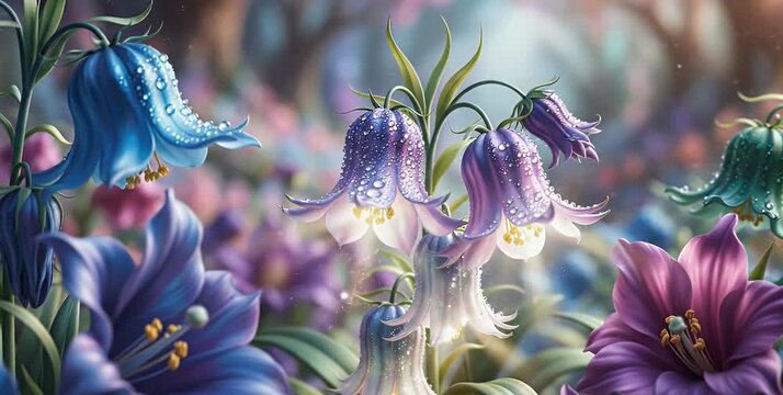 A vibrant field of glowing blue and purple bellflowers adorned with dew drops in an enchanted, mystical forest setting.