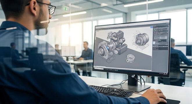 Professional mechanical engineer utilizing advanced CAD software for complex industrial design and blueprint modeling in a modern high-tech engineering workstation facility.