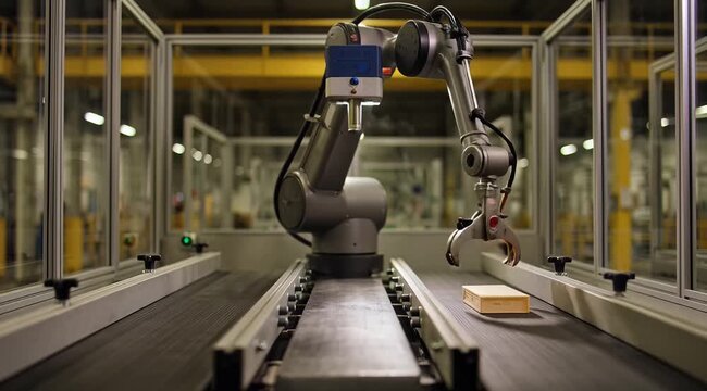 Automated Robotic Arm Working on a Conveyor Belt in a Modern Factory Setting.