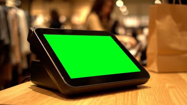 Point-of-sale terminal with green screen on wooden counter in retail store