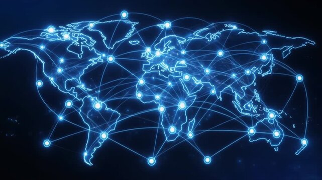 Digital world map with glowing network connections across continents, futuristic global communication concept, data exchange, technology infrastructure, cybersecurity and worldwide connectivity theme.
