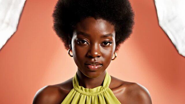 A striking portrait conveying self-assurance. Ideal for campaigns promoting diversity, beauty, or empowerment, and suitable for website headers or soc