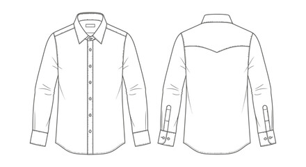 mens western shirt flat sketch front and back featuring classic western yoke and button-down cuffs for apparel and fashion design.