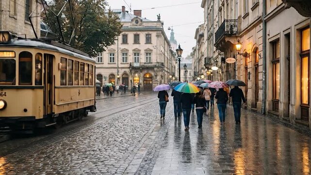 Rainy Day in Lviv People with colorful umbrellas stroll by a vintage tram.