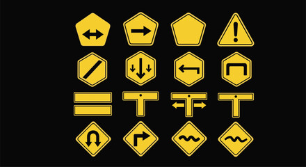 Obraz premium Yellow road traffic sign icon set with warning direction and navigation symbols isolated on black background for transportation safety and signage design