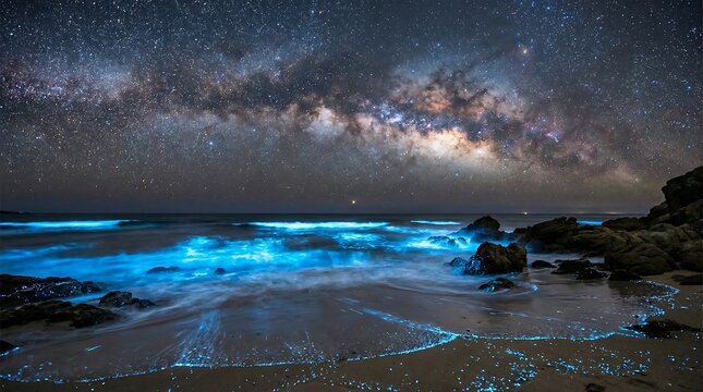 Glowing bioluminescent blue waves crashing on a sandy beach at night under the Milky Way