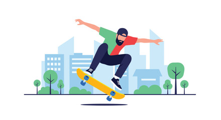 Fototapeta premium Young bearded man performing a skateboard trick mid-air in a city park with a modern urban skyline in the background.