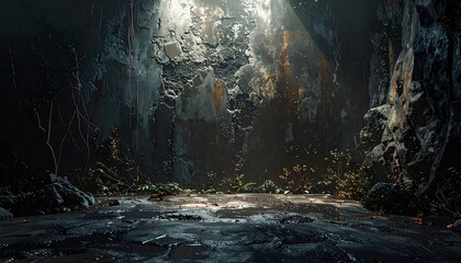 A dark, cavernous space with a rough, textured stone wall illuminated by a single beam of light. Damp ground & small plants
