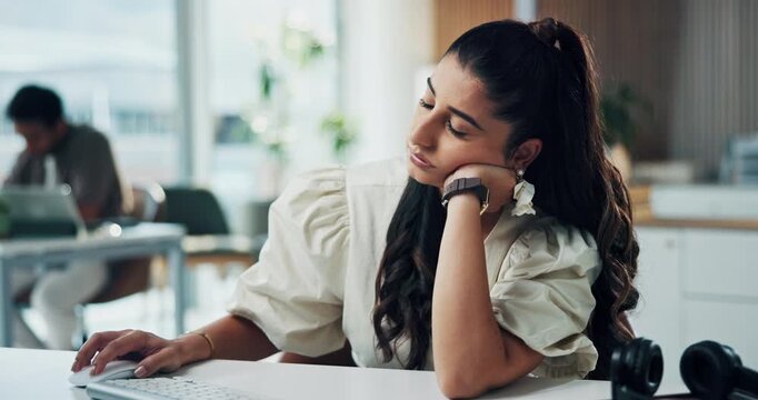 Tired, woman and bored with computer in office for burnout, sleepy and low energy for submission. Coworking agency, exhausted journalist and lazy at tech from insomnia, tedious article and overworked