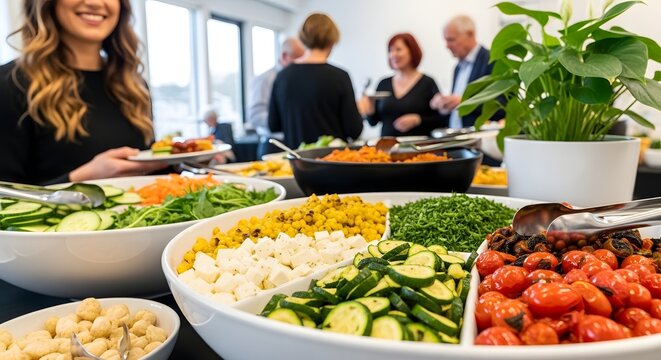 Variety of fresh vegetables and food on a buffet table with people in the background at a social gathering event