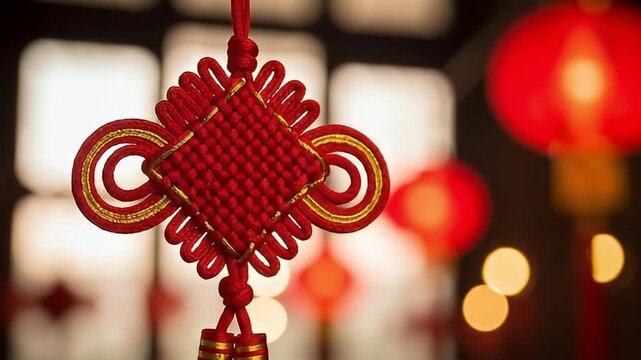 Close Up Traditional Chinese Red Knot Hanging Decoration