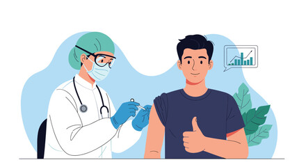 Fototapeta premium A man giving a thumbs up after receiving a vaccine from a doctor in protective gear, with a rising graph showing positive results.
