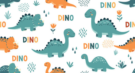 Naklejka premium A fun and seamless pattern for children featuring cute colorful dinosaurs, plants, and the word 