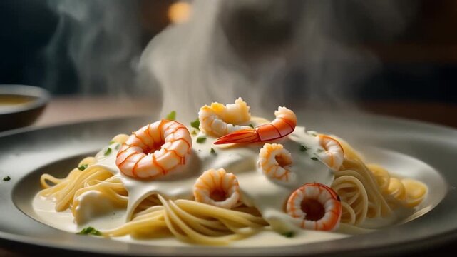 Delicious gourmet Italian spaghetti with shrimp and fresh basil served on a white plate for a healthy Mediterranean dinner