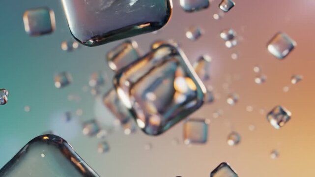Transparent square objects float and disperse against a colorful gradient