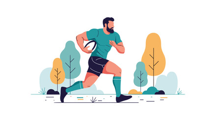 Fototapeta premium Muscular, bearded man in sportswear running with a rugby ball during a game or practice session in an outdoor park setting.