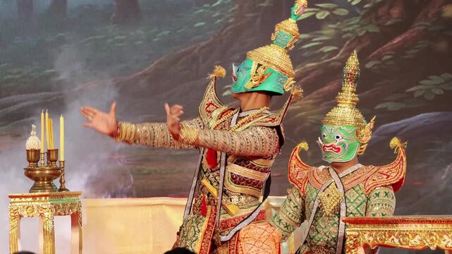Footage of Thai Masked Dance KHON, UNESCO Intangible Cultural Heritage of Humanity in the Scenr of Demon King Totsakan with his Trusted Mentor Mahotorn in Blackdrop