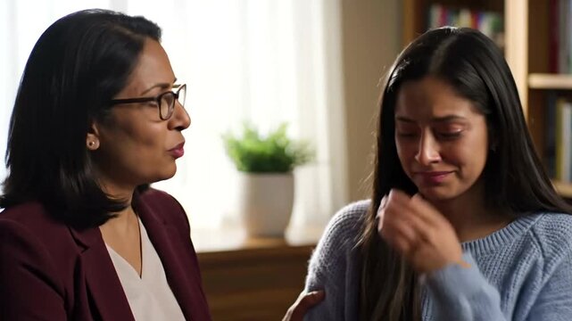 Two women having a conversation in a cozy indoor setting.