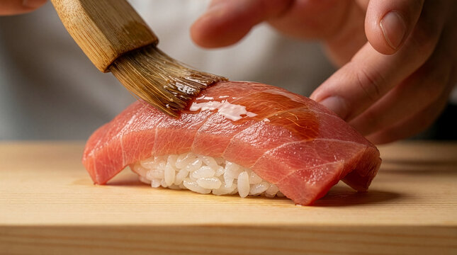 Close-Up of Sushi Chef's Hand Applying Nikiri Sauce to Tuna Nigiri with Wooden Brush on Hinoki Counter