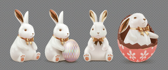 Fototapeta premium Cute Easter Bunny with Decorative Floral Egg Shell Isolated on Transparent Background 3D Illustration