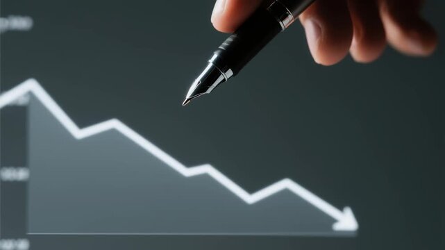 Disinflation trend - Close-up of a hand holding a fountain pen pointing at a downward trending financial graph on a dark screen.