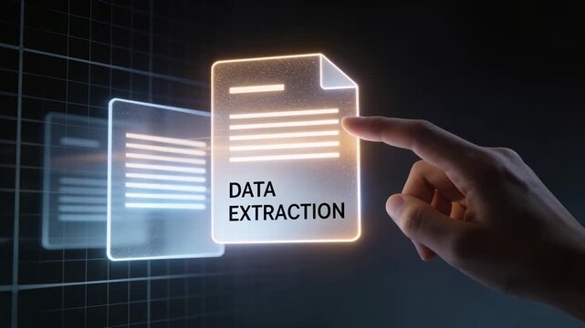 Customs & trade compliance automation - A hand interacting with a glowing digital document labeled 'Data Extraction' on a futuristic virtual interface.