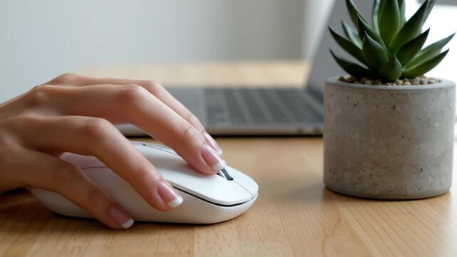 Hand using computer mouse on wooden desk.