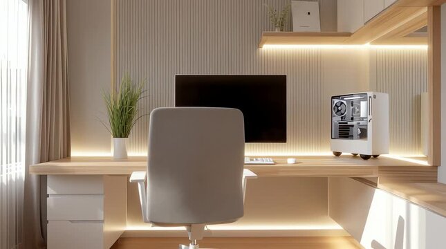Gaming room video, soft beige concrete walls, light oak wood floor, single floating desk with hidden cable management, compact white PC with frosted glass panel