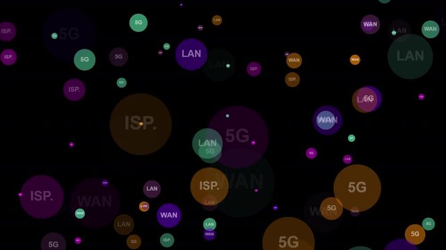 Network terms in colorful bubbles on overlay transparent background