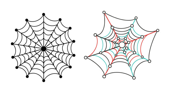 Two distinct spider web illustrations, one in classic black and white, the other featuring colorful red and blue accents, on a clean white background.
