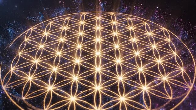 A luminous sacred geometry pattern glows brightly in the vast cosmic background