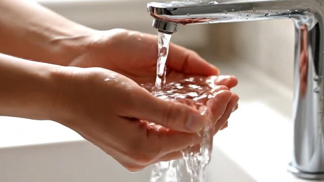 Hands under running water from a faucet in a bathroom setting viewed closely