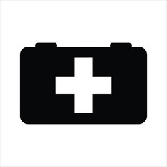 Obraz premium Black first aid kit icon with white cross on white background medical health