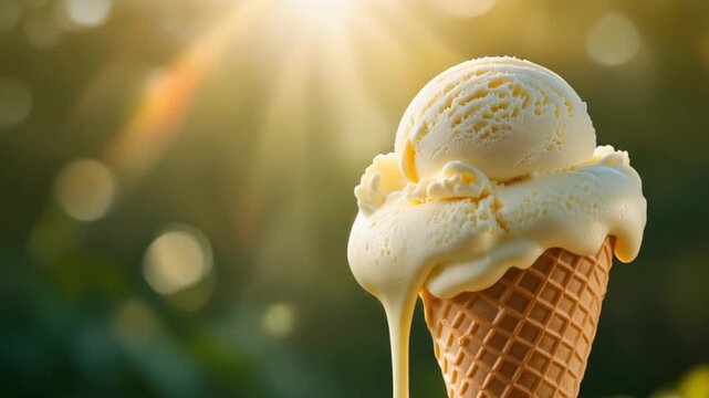 A delicious vanilla ice cream cone with gourmet cream is an isolated sweet frozen dessert, making it a fresh and cold dairy treat for a white summer day