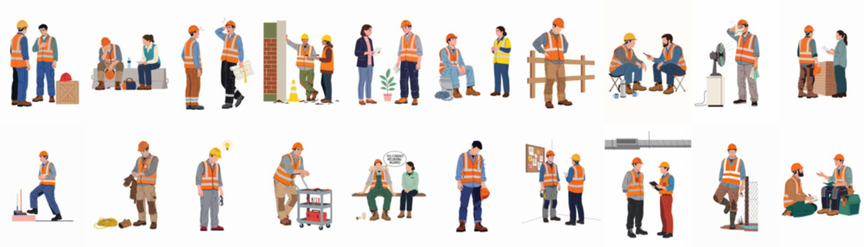 A comprehensive collection of construction workers and engineers in various work and break scenarios, illustrating teamwork, challenges, and daily life on site.