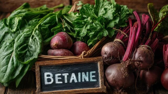 Betaine: Food sources including beets, spinach, wheat, and powdered betaine supplements