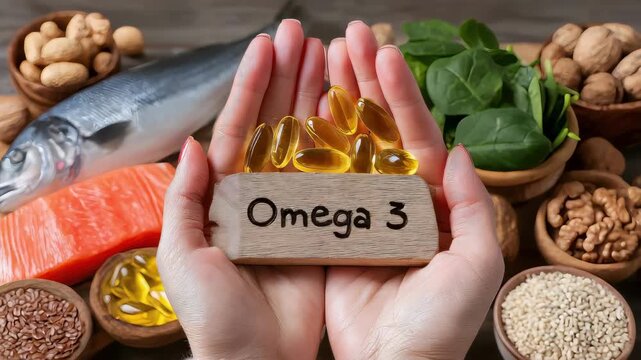 Female hands holding Omega-3 capsules against a background of natural sources