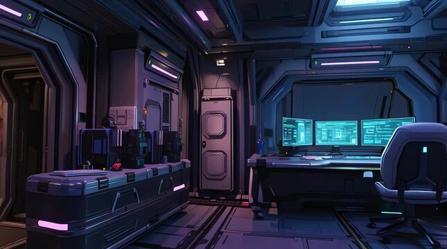 Futuristic space-themed gaming room inside an orbital station, dark metallic walls with modular panels, holographic UI floating around the gaming desk