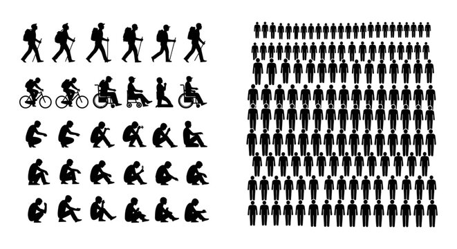 people icons diverse activities walking cycling sitting wheelchair with large stick figure crowd for social and graphic design.