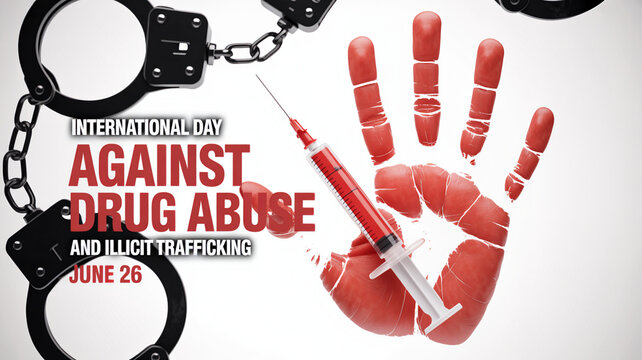 Handcuffs Breaking Through Red Handprint With Syringe For International Day Against Drug Abuse Isolated On Transparent Background