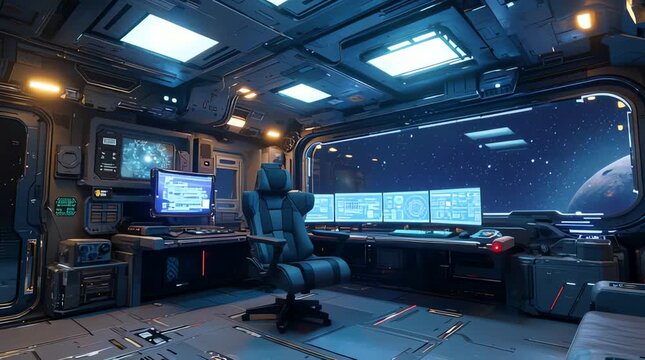 Futuristic space-themed gaming room inside an orbital station, dark metallic walls with modular panels, holographic UI floating around the gaming desk