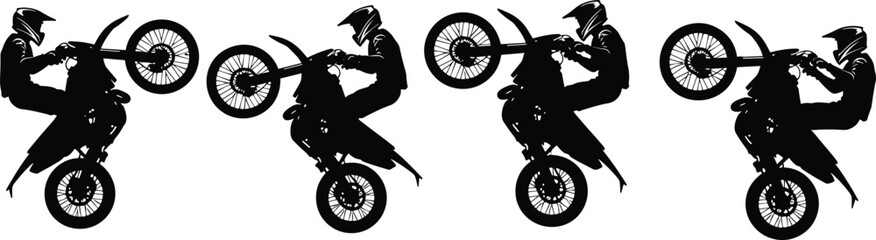 Set of motocross rider silhouettes performing dramatic wheelie stunt sequence isolated on white background, extreme motorcycle sport action illustration for graphic design use © Parvehuh