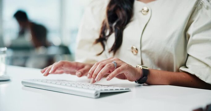 Typing, review or hands in office with keyboard, draft edit or source feedback for article update. Journalist, coworking or woman with tech, blog fact check or industry research for publication.