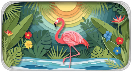 Naklejka premium Elegant flamingo standing gracefully in tropical landscape during warm sunset with palm leaves and golden sky creating peaceful exotic atmosphere. The illustration highlights coastal wildlife beauty a