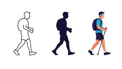 Process of creating a hiker illustration from outline sketch to silhouette to full color vector graphic with trekking poles and backpack